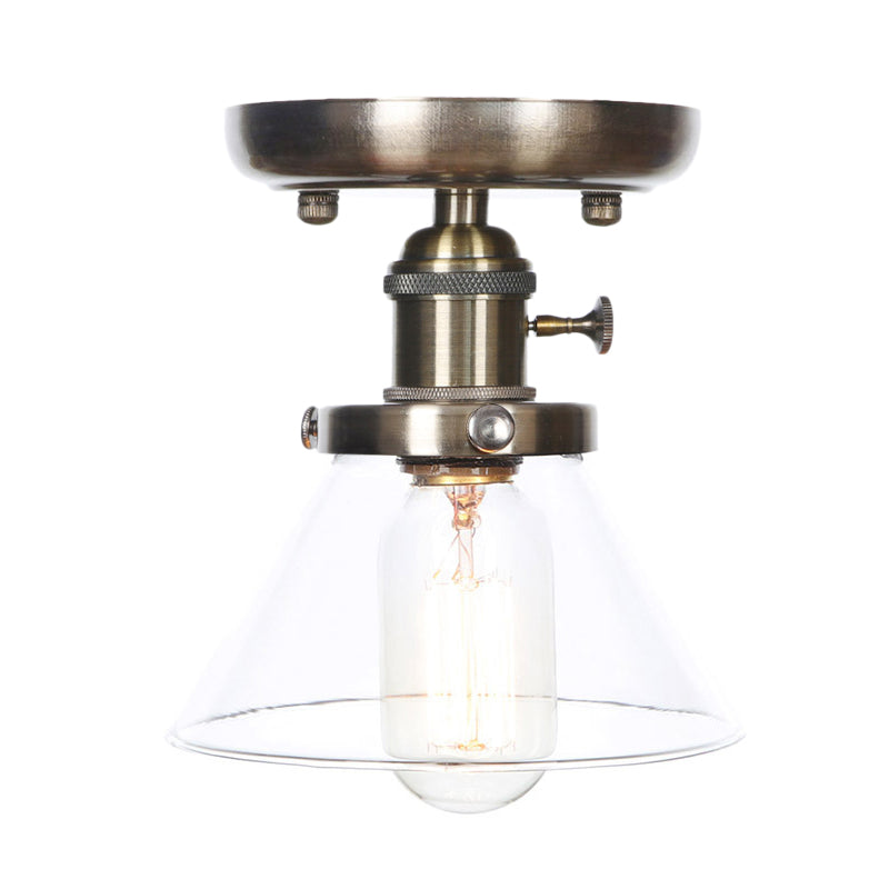 1 Light Ceiling Lighting Industrial Cone/Bell/Rhombus Clear/Amber Glass Semi Flush Mount Light in Bronze Clearhalo 'Ceiling Lights' 'Close To Ceiling Lights' 'Close to ceiling' 'Glass shade' 'Glass' 'Semi-flushmount' Lighting' 209016