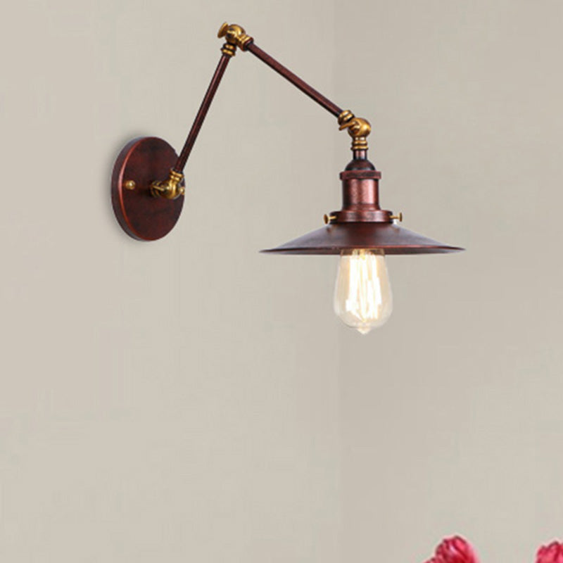 Metal Black/Rust Wall Mount Light Flat Shade 1 Bulb Industrial Style Wall Lamp with Swing Arm Weathered Copper Clearhalo 'Art deco wall lights' 'Cast Iron' 'Glass' 'Industrial wall lights' 'Industrial' 'Middle century wall lights' 'Modern' 'Rustic wall lights' 'Tiffany' 'Traditional wall lights' 'Wall Lamps & Sconces' 'Wall Lights' Lighting' 209025