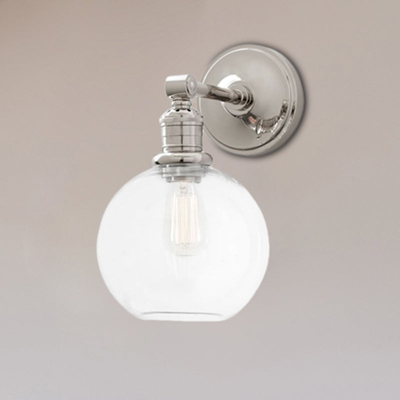 Metal Black/Chrome Sconce Light Globe/Cone 1-Light Industrial Wall Mounted Lighting for Bedroom Chrome Globe Clearhalo 'Art deco wall lights' 'Cast Iron' 'Glass' 'Industrial wall lights' 'Industrial' 'Middle century wall lights' 'Modern' 'Rustic wall lights' 'Tiffany' 'Traditional wall lights' 'Wall Lamps & Sconces' 'Wall Lights' Lighting' 209140