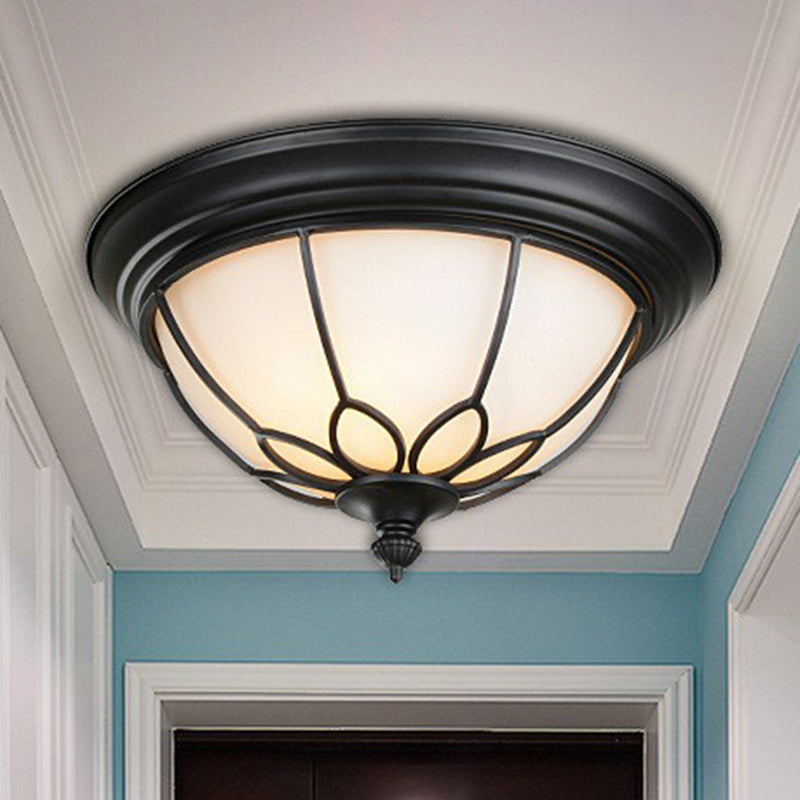 2 Bulbs Flush Mount Lighting Retro Floral Iron Flush Mount Ceiling Light with Bowl Opal Glass Shade in Black Clearhalo 'Ceiling Lights' 'Close To Ceiling Lights' 'Close to ceiling' 'Flush mount' Lighting' 2091429