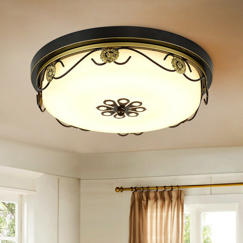 Rustic Drum Shaped LED Flush Light Opal Glass Flush Ceiling Light Fixture with Decorative Flower Clearhalo 'Ceiling Lights' 'Close To Ceiling Lights' 'Close to ceiling' 'Flush mount' Lighting' 2091500