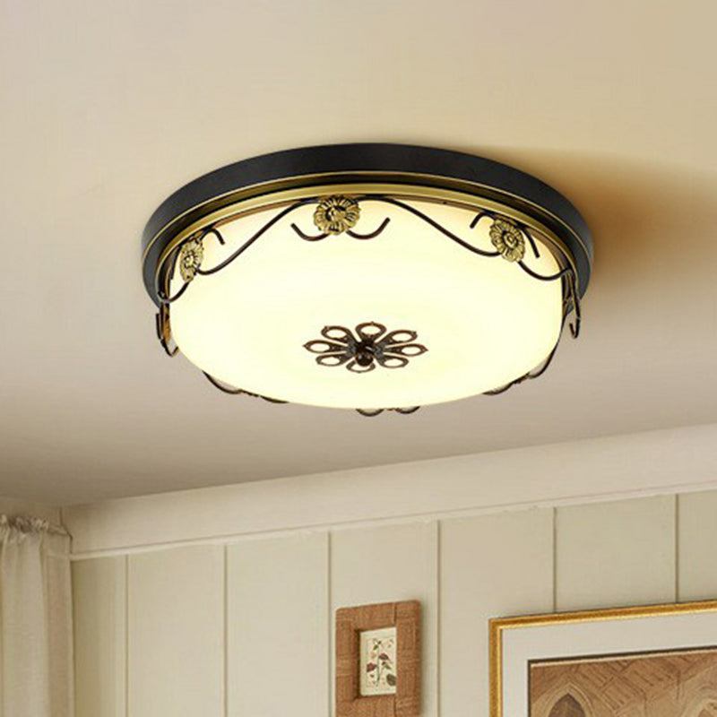 Rustic Drum Shaped LED Flush Light Opal Glass Flush Ceiling Light Fixture with Decorative Flower Clearhalo 'Ceiling Lights' 'Close To Ceiling Lights' 'Close to ceiling' 'Flush mount' Lighting' 2091501