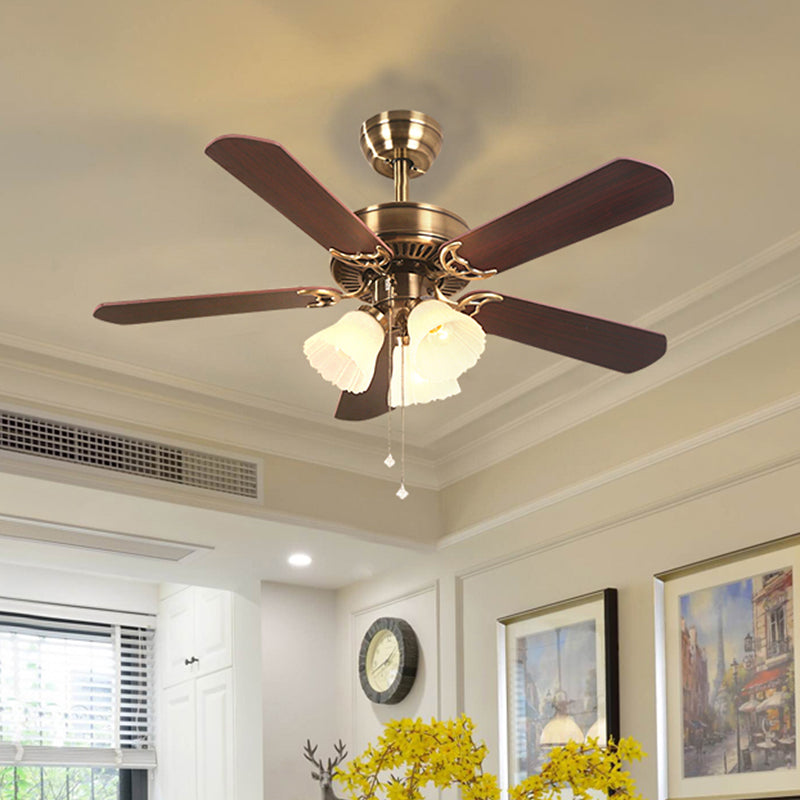 5-Blade Brass Floral Shade Hanging Fan Lamp Classic Frost Glass 3 Bulbs Living Room Semi Flush Light, 42.5