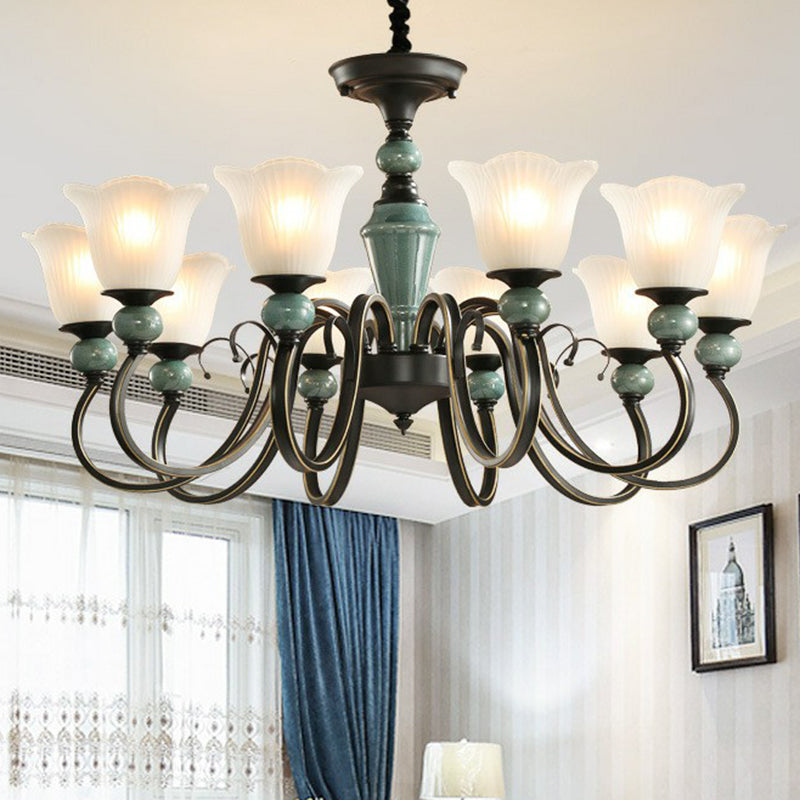 Floral Frosted Opal Glass Chandelier Pendant Light Vintage Living Room Hanging Light in Green 10 Green Up Clearhalo 'Ceiling Lights' 'Chandeliers' 'Glass shade' 'Glass' Lighting' 2091876
