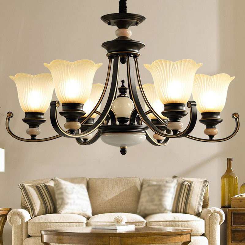 Flower Shaped Frosted Glass Chandelier Lighting Classic Dining Room Pendant Light in Black Clearhalo 'Ceiling Lights' 'Chandeliers' Lighting' options 2091894