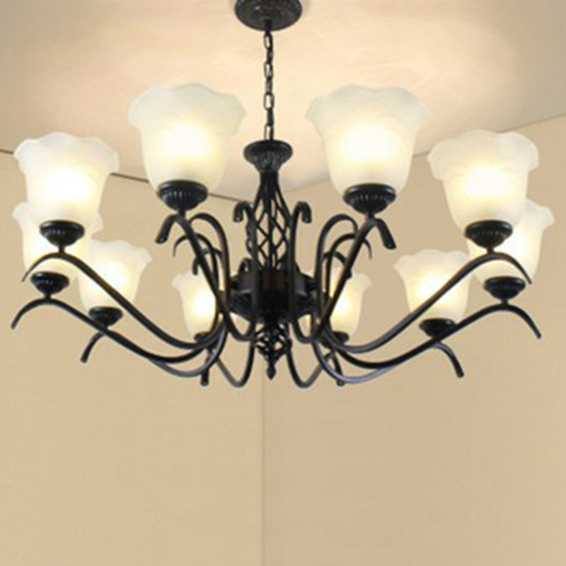Rustic Bell Shade Ceiling Lighting Cream Glass Chandelier Light Fixture in Black for Bedroom 10 Black A Clearhalo 'Ceiling Lights' 'Chandeliers' 'Glass shade' 'Glass' Lighting' 2091926