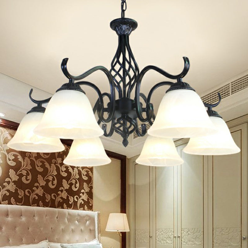 Rustic Bell Shade Ceiling Lighting Cream Glass Chandelier Light Fixture in Black for Bedroom 6 Black B Clearhalo 'Ceiling Lights' 'Chandeliers' 'Glass shade' 'Glass' Lighting' 2091929