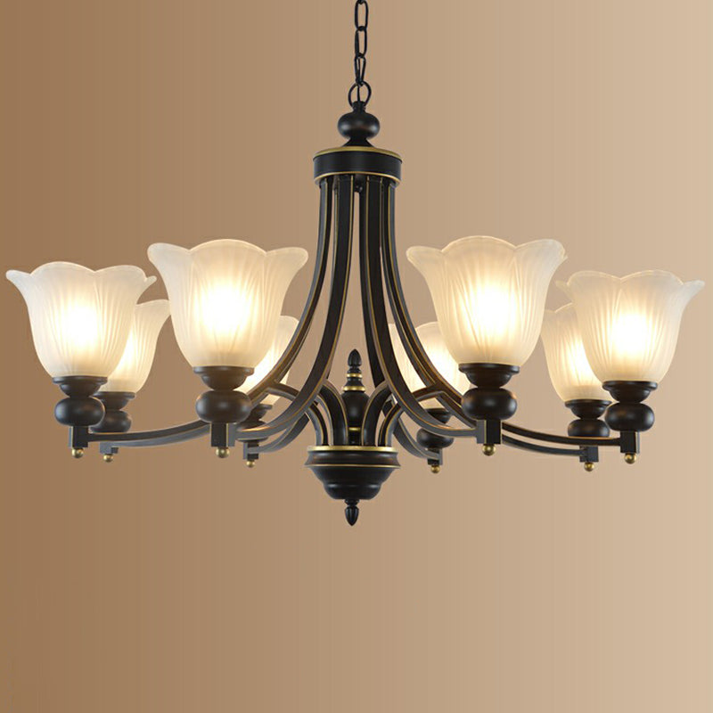 Opal Glass Flower Chandelier Light Retro Living Room Pendant Light Fixture in Black 8 Black Up Clearhalo 'Ceiling Lights' 'Chandeliers' 'Glass shade' 'Glass' Lighting' 2091950
