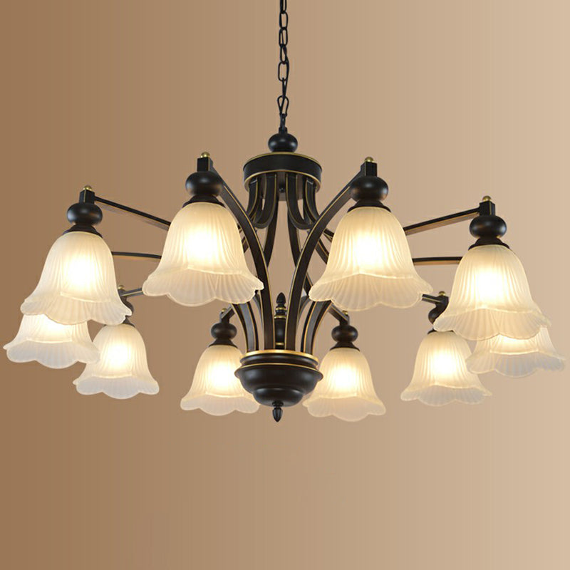 Opal Glass Flower Chandelier Light Retro Living Room Pendant Light Fixture in Black Clearhalo 'Ceiling Lights' 'Chandeliers' 'Glass shade' 'Glass' Lighting' 2091952