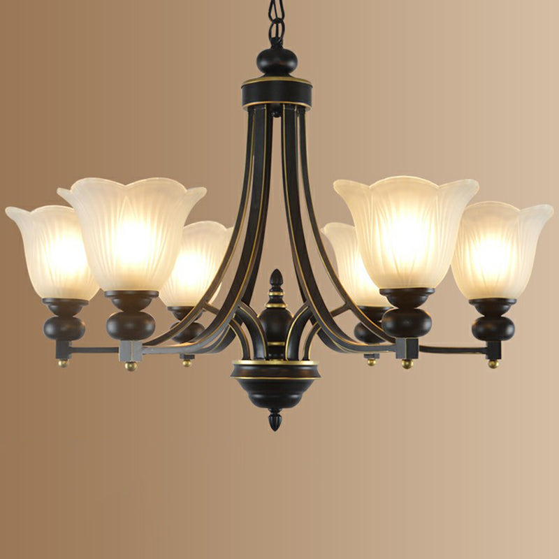 Opal Glass Flower Chandelier Light Retro Living Room Pendant Light Fixture in Black 6 Black Up Clearhalo 'Ceiling Lights' 'Chandeliers' 'Glass shade' 'Glass' Lighting' 2091957