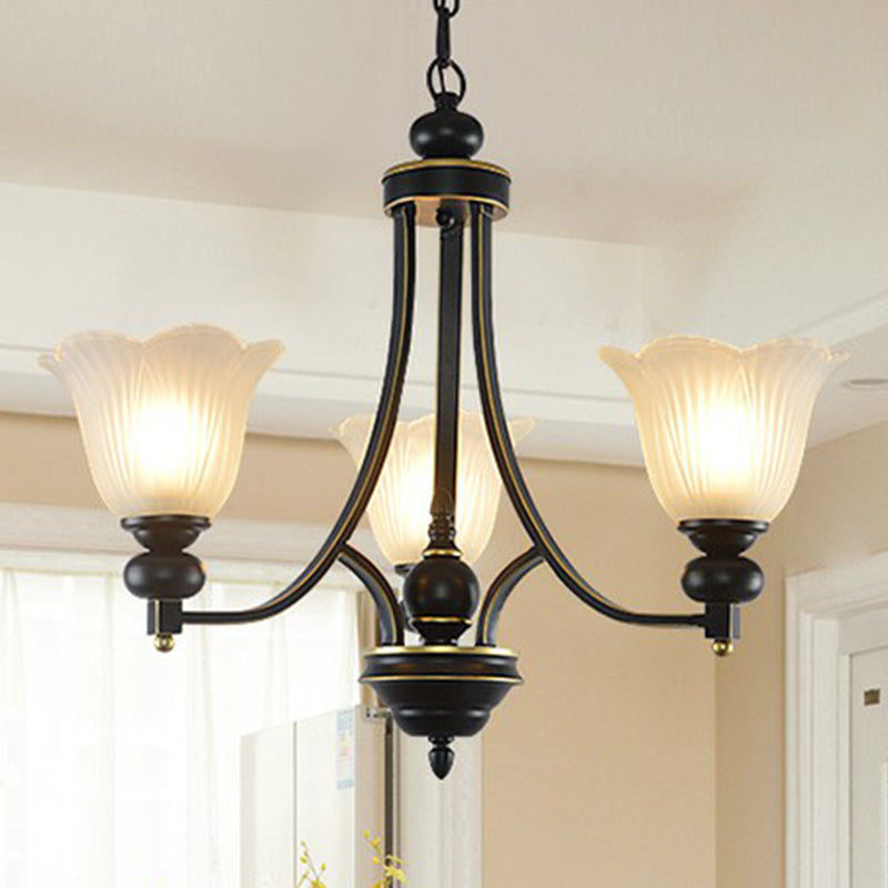 Opal Glass Flower Chandelier Light Retro Living Room Pendant Light Fixture in Black 3 Black Up Clearhalo 'Ceiling Lights' 'Chandeliers' 'Glass shade' 'Glass' Lighting' 2091958