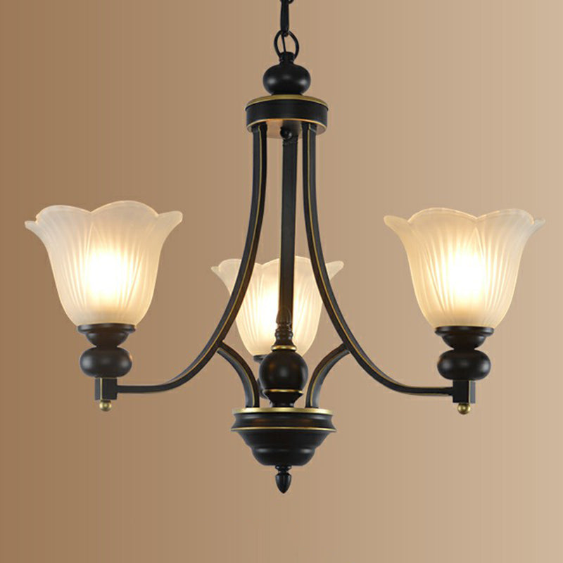 Opal Glass Flower Chandelier Light Retro Living Room Pendant Light Fixture in Black Clearhalo 'Ceiling Lights' 'Chandeliers' 'Glass shade' 'Glass' Lighting' 2091959