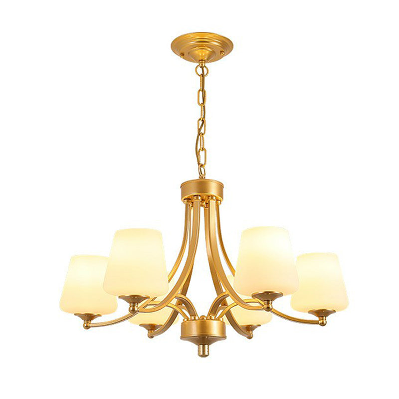 Tapered Shade White Frost Glass Suspension Light Rustic Living Room Chandelier Light 6 Gold Clearhalo 'Ceiling Lights' 'Chandeliers' Lighting' options 2092045_68a4510c-adb2-46db-9926-06cf6ba46b5f