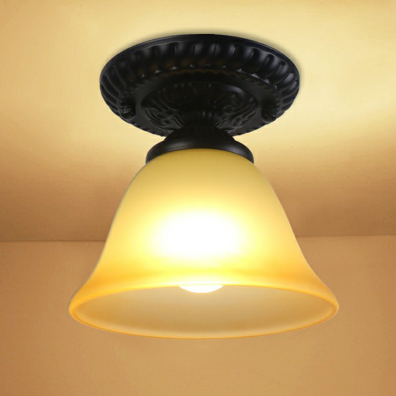 Black Bell Semi Flush Traditional Frost Glass 1-Light Corridor Flush Ceiling Light Fixture Black E Clearhalo 'Ceiling Lights' 'Close To Ceiling Lights' 'Close to ceiling' 'Glass shade' 'Glass' 'Semi-flushmount' Lighting' 2092136