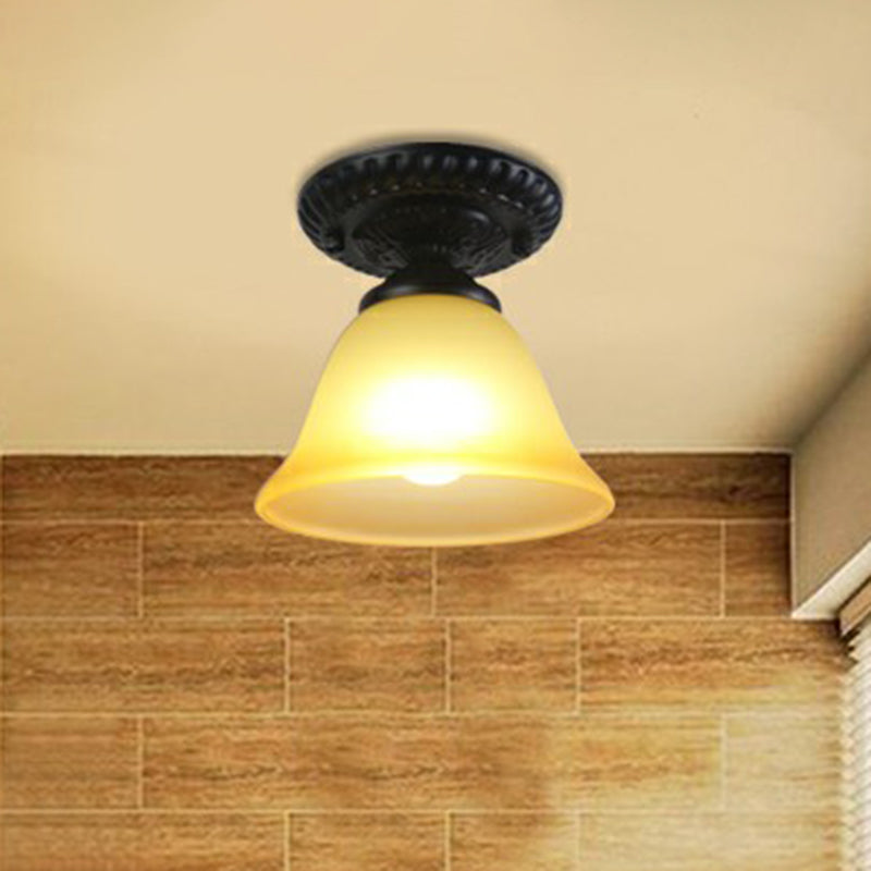 Black Bell Semi Flush Traditional Frost Glass 1-Light Corridor Flush Ceiling Light Fixture Clearhalo 'Ceiling Lights' 'Close To Ceiling Lights' 'Close to ceiling' 'Glass shade' 'Glass' 'Semi-flushmount' Lighting' 2092137