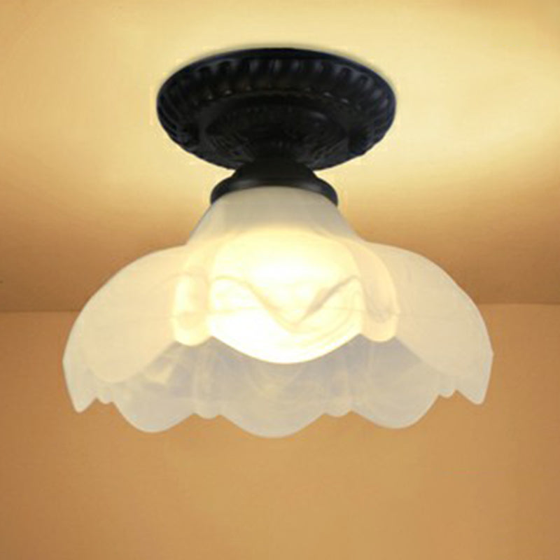 Black Bell Semi Flush Traditional Frost Glass 1-Light Corridor Flush Ceiling Light Fixture Clearhalo 'Ceiling Lights' 'Close To Ceiling Lights' 'Close to ceiling' 'Glass shade' 'Glass' 'Semi-flushmount' Lighting' 2092141