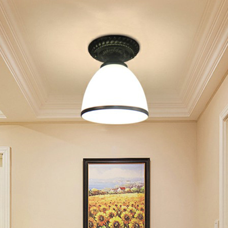 Black Bell Semi Flush Traditional Frost Glass 1-Light Corridor Flush Ceiling Light Fixture Black B Clearhalo 'Ceiling Lights' 'Close To Ceiling Lights' 'Close to ceiling' 'Glass shade' 'Glass' 'Semi-flushmount' Lighting' 2092142