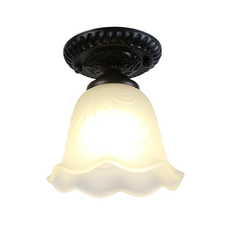 Black Bell Semi Flush Traditional Frost Glass 1-Light Corridor Flush Ceiling Light Fixture Clearhalo 'Ceiling Lights' 'Close To Ceiling Lights' 'Close to ceiling' 'Glass shade' 'Glass' 'Semi-flushmount' Lighting' 2092145