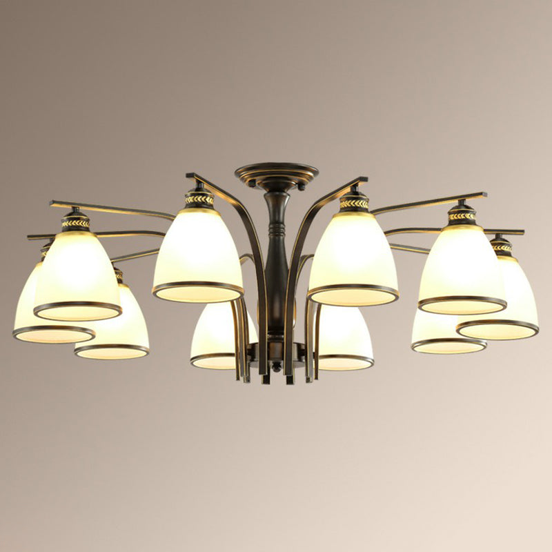 Rustic Bowl Shaped Semi Flush Frost Glass Ceiling Mount Chandelier for Living Room 10 Black Clearhalo 'Ceiling Lights' 'Close To Ceiling Lights' 'Close to ceiling' 'Semi-flushmount' Lighting' 2092195