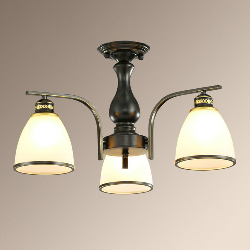Rustic Bowl Shaped Semi Flush Frost Glass Ceiling Mount Chandelier for Living Room 3 Black Clearhalo 'Ceiling Lights' 'Close To Ceiling Lights' 'Close to ceiling' 'Semi-flushmount' Lighting' 2092197