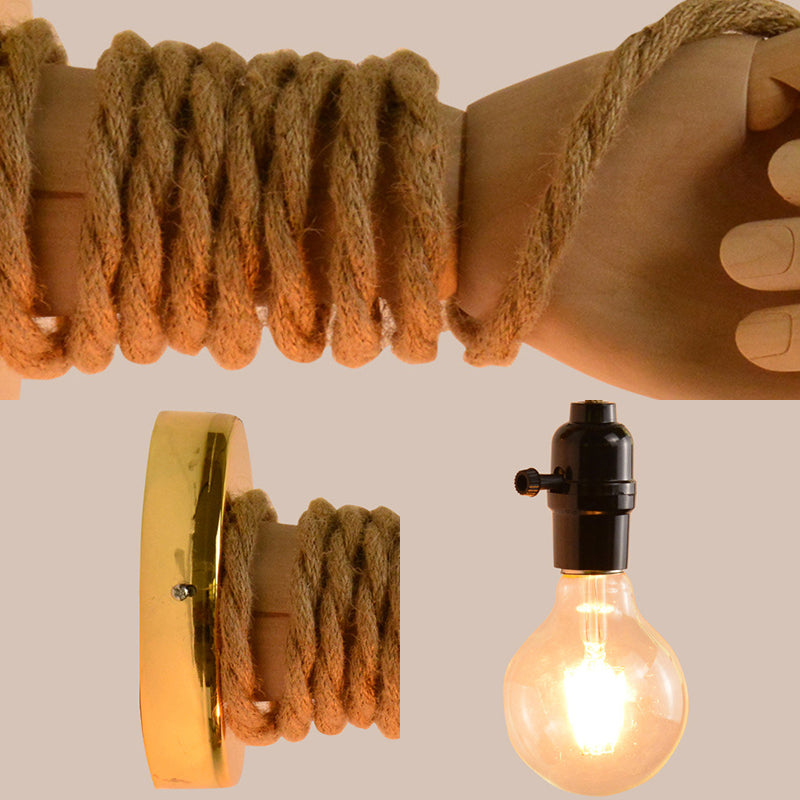 Exposed Bulb Rope Sconce Lighting Industrial Single Bulb Dining Room Wall Mounted Lamp in Black/Beige with Hand Clearhalo 'Art deco wall lights' 'Cast Iron' 'Glass' 'Industrial wall lights' 'Industrial' 'Middle century wall lights' 'Modern' 'Rustic wall lights' 'Tiffany' 'Traditional wall lights' 'Wall Lamps & Sconces' 'Wall Lights' Lighting' 209220