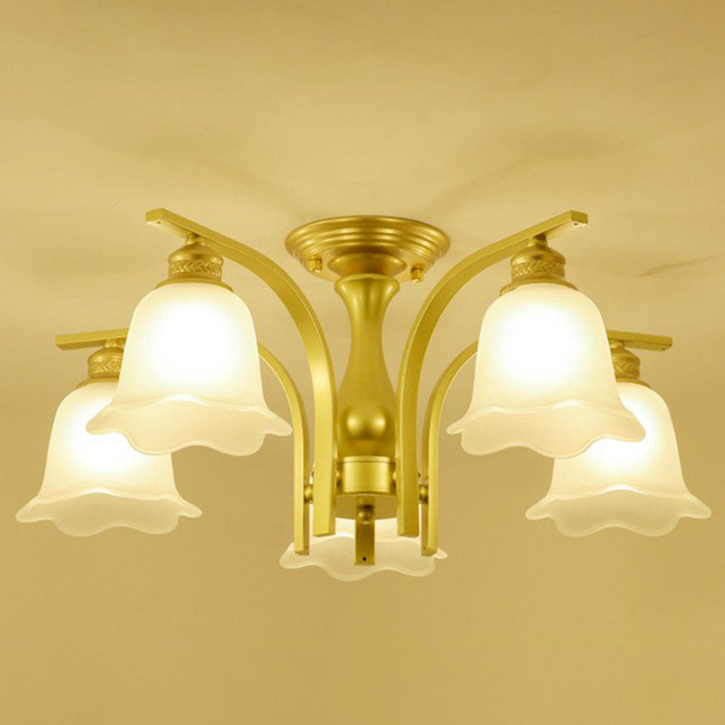 Rustic Ruffled Semi Flush Light Cream Glass Flush Mount Ceiling Chandelier for Living Room 5 Gold Clearhalo 'Ceiling Lights' 'Close To Ceiling Lights' 'Close to ceiling' 'Semi-flushmount' Lighting' 2092229