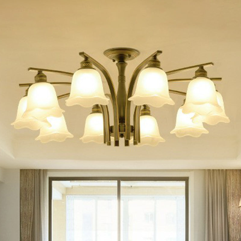 Rustic Ruffled Semi Flush Light Cream Glass Flush Mount Ceiling Chandelier for Living Room 10 Gold Clearhalo 'Ceiling Lights' 'Close To Ceiling Lights' 'Close to ceiling' 'Semi-flushmount' Lighting' 2092232