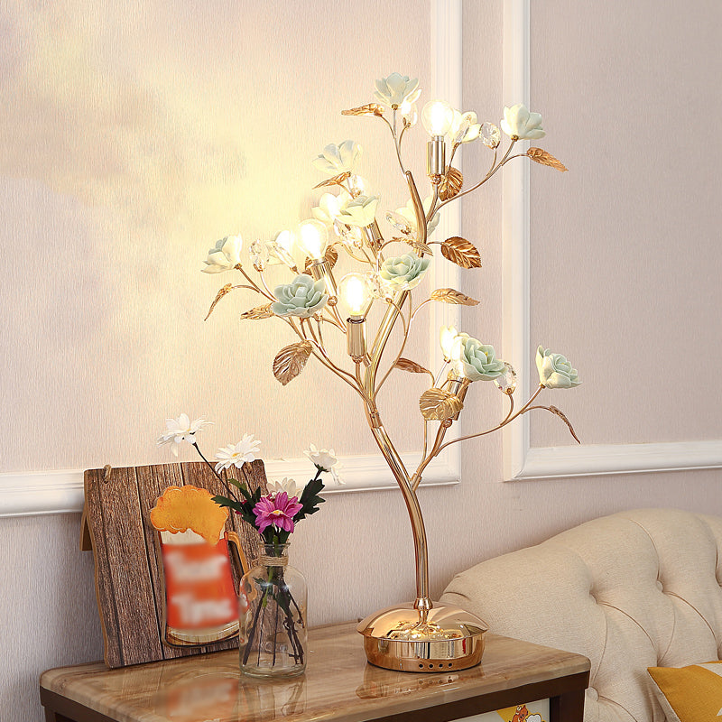 Floral Ceramic Table Light Pastoral Style Living Room Nightstand Lamp with Decorative Crystal Green A Clearhalo 'Lamps' 'Table Lamps' Lighting' 2092370