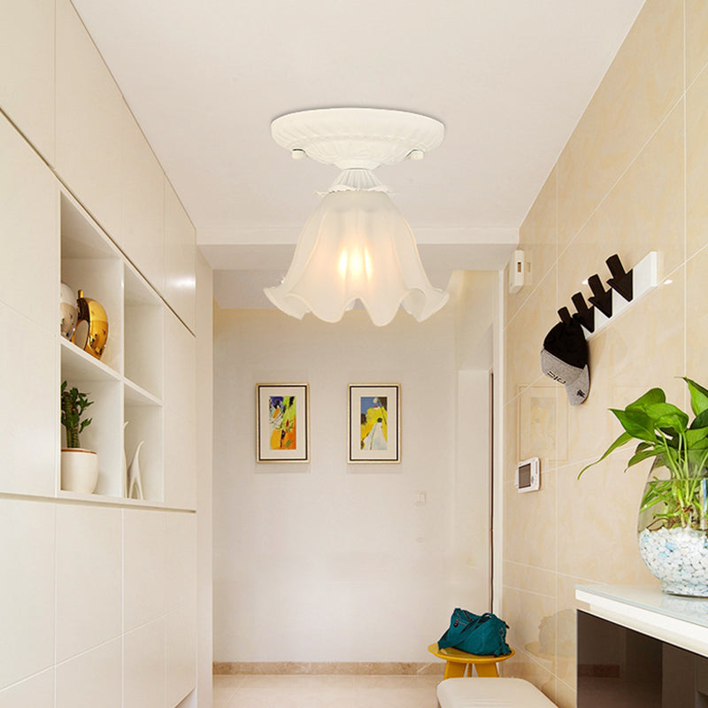 Frost Glass Ruffle Semi Flush Pastoral Single-Bulb Bedroom Flush Ceiling Light Fixture Clearhalo 'Ceiling Lights' 'Close To Ceiling Lights' 'Close to ceiling' 'Glass shade' 'Glass' 'Semi-flushmount' Lighting' 2092387