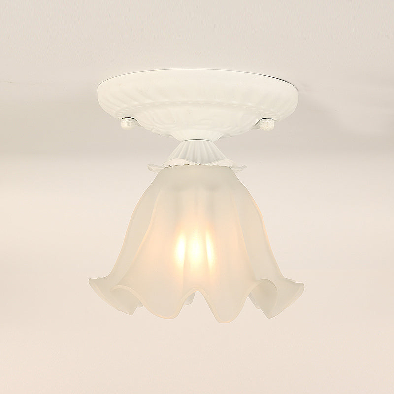 Frost Glass Ruffle Semi Flush Pastoral Single-Bulb Bedroom Flush Ceiling Light Fixture Clearhalo 'Ceiling Lights' 'Close To Ceiling Lights' 'Close to ceiling' 'Glass shade' 'Glass' 'Semi-flushmount' Lighting' 2092388