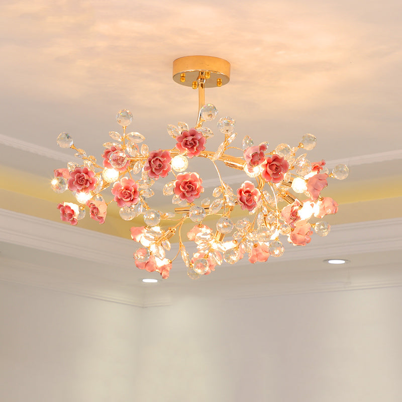 Ceramic Rose Semi Flush Light Korean Garden Living Room Ceiling Flush Mount with Crystal Accents Pink Clearhalo 'Ceiling Lights' 'Close To Ceiling Lights' 'Close to ceiling' 'Semi-flushmount' Lighting' 2092408