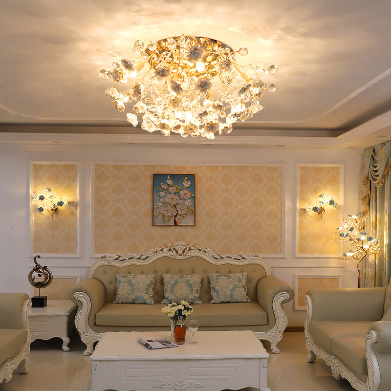 Pastoral Style Rosebush Ceiling Light Ceramic Semi Flush Light Fixture with Crystal Decor 13 White Clearhalo 'Ceiling Lights' 'Close To Ceiling Lights' 'Close to ceiling' 'Semi-flushmount' Lighting' 2092416