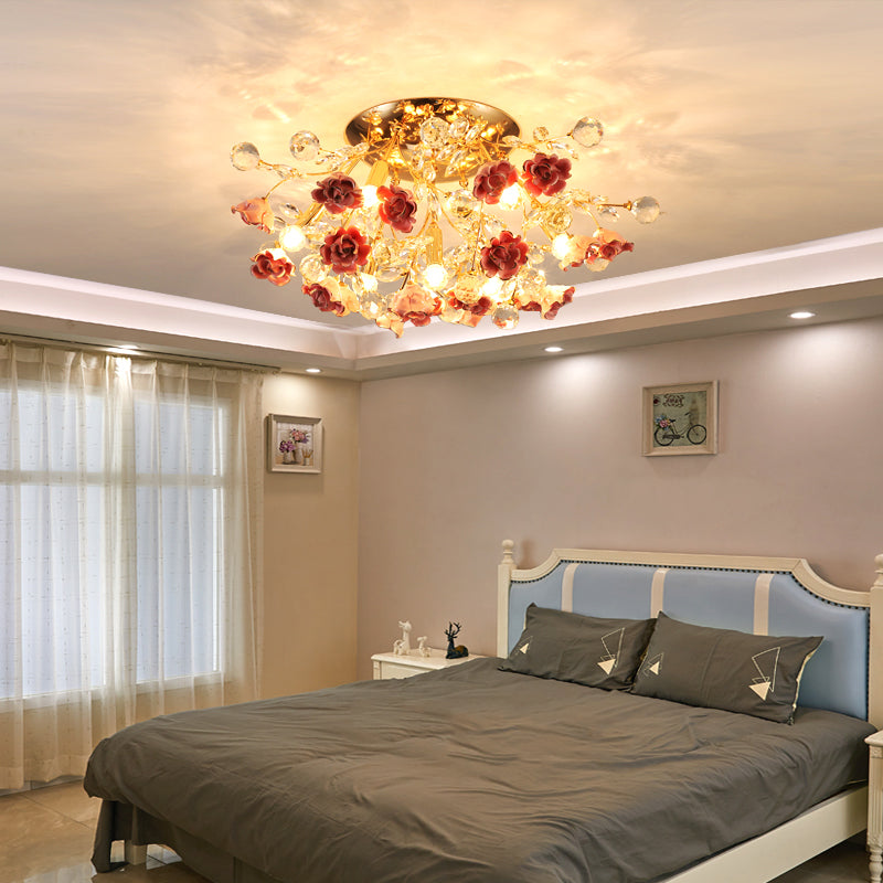 Pastoral Style Rosebush Ceiling Light Ceramic Semi Flush Light Fixture with Crystal Decor 10 Pink Clearhalo 'Ceiling Lights' 'Close To Ceiling Lights' 'Close to ceiling' 'Semi-flushmount' Lighting' 2092421
