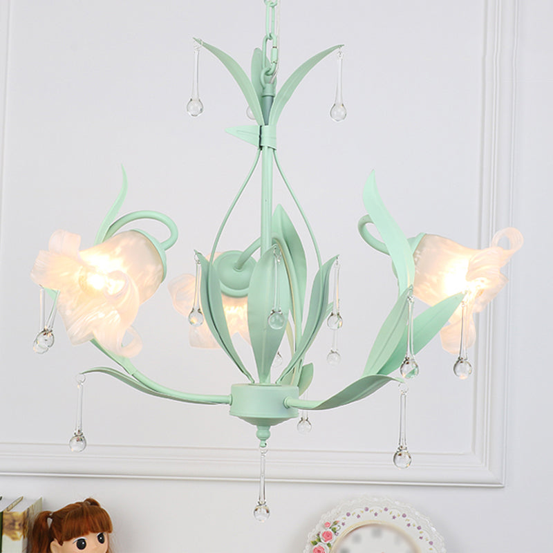 Frost Glass Floral Shaped Ceiling Lighting Korean Garden Living Room Chandelier Light Fixture with Droplet Decor 3 Green B Clearhalo 'Ceiling Lights' 'Chandeliers' Lighting' options 2092441_a678ea5b-d884-46a8-ae42-aa3153e0b120