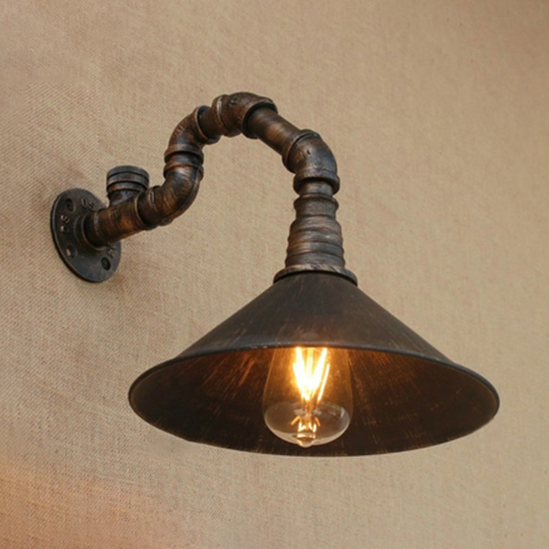 Antique Brass Cone Wall Sconce Farmhouse Style Metallic 1 Head Dining Room Wall Lighting Fixture with Pipe Clearhalo 'Art deco wall lights' 'Cast Iron' 'Glass' 'Industrial wall lights' 'Industrial' 'Middle century wall lights' 'Modern' 'Rustic wall lights' 'Tiffany' 'Traditional wall lights' 'Wall Lamps & Sconces' 'Wall Lights' Lighting' 209274
