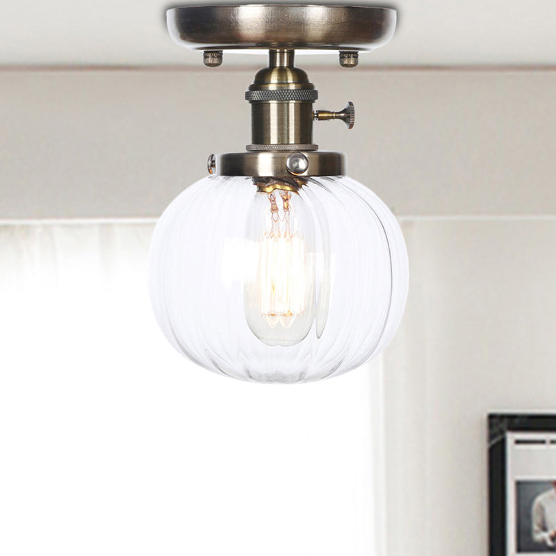 1 Light Globe/Round Semi Flush Light Industrial Bronze Clear/Amber Glass Lighting Fixture for Indoor Clear Round Clearhalo 'Ceiling Lights' 'Close To Ceiling Lights' 'Close to ceiling' 'Glass shade' 'Glass' 'Semi-flushmount' Lighting' 209365