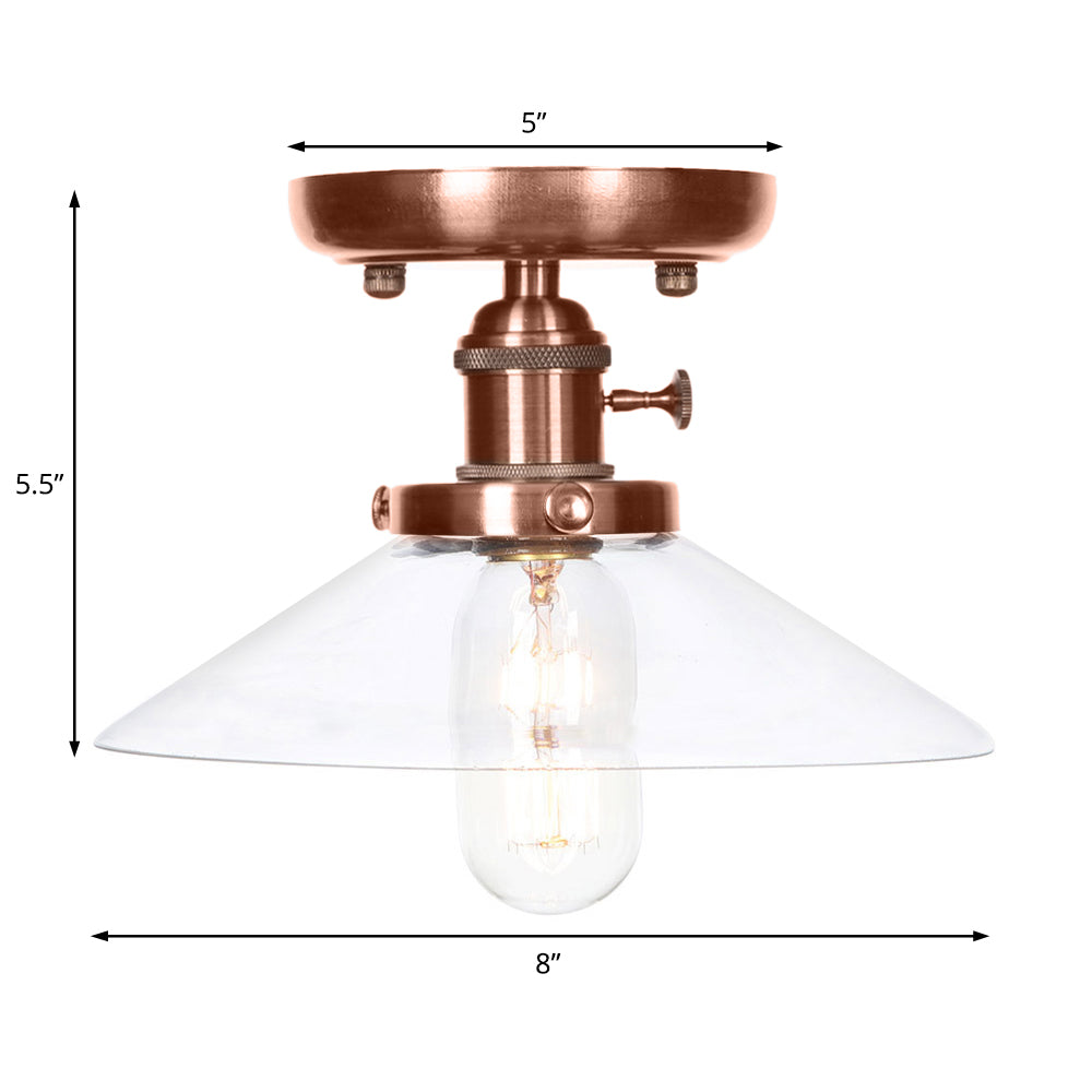 1 Light Opal/Clear Glass Semi Mount Lighting Industrial Antique Copper Cone/Saucer Indoor Ceiling Light Clearhalo 'Ceiling Lights' 'Close To Ceiling Lights' 'Close to ceiling' 'Glass shade' 'Glass' 'Semi-flushmount' Lighting' 209507