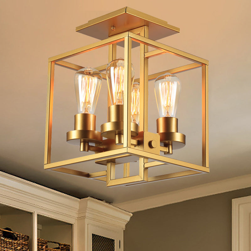 Square Living Room Semi Flush Industrial Style Metal 4 Lights Black/Silver/Gold Ceiling Lighting Clearhalo 'Ceiling Lights' 'Close To Ceiling Lights' 'Close to ceiling' 'Semi-flushmount' Lighting' 209589
