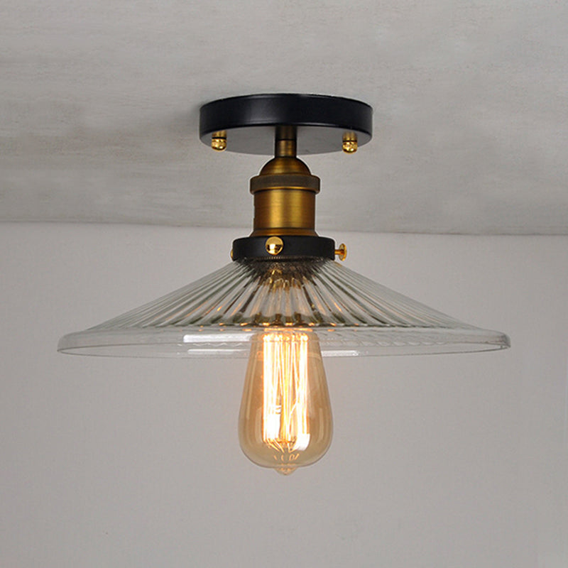 Cone Ribbed Glass Semi Mount Lighting Industrial 1 Bulb Living Room Ceiling Light in Black/Brass/Copper Bronze Clearhalo 'Ceiling Lights' 'Close To Ceiling Lights' 'Close to ceiling' 'Flush mount' 'Industrial Flush Mount' Lighting' 209866