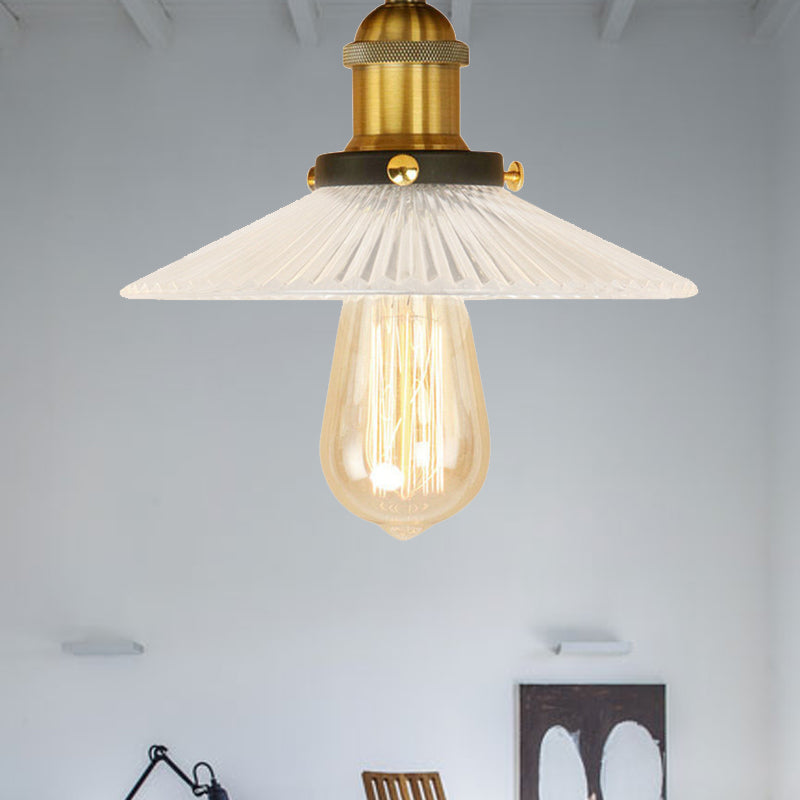 Cone Ribbed Glass Semi Mount Lighting Industrial 1 Bulb Living Room Ceiling Light in Black/Brass/Copper Clearhalo 'Ceiling Lights' 'Close To Ceiling Lights' 'Close to ceiling' 'Flush mount' 'Industrial Flush Mount' Lighting' 209869