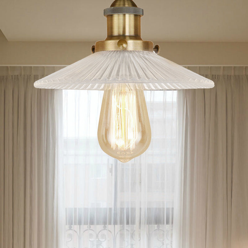 Cone Ribbed Glass Semi Mount Lighting Industrial 1 Bulb Living Room Ceiling Light in Black/Brass/Copper Antique Brass Clearhalo 'Ceiling Lights' 'Close To Ceiling Lights' 'Close to ceiling' 'Flush mount' 'Industrial Flush Mount' Lighting' 209871