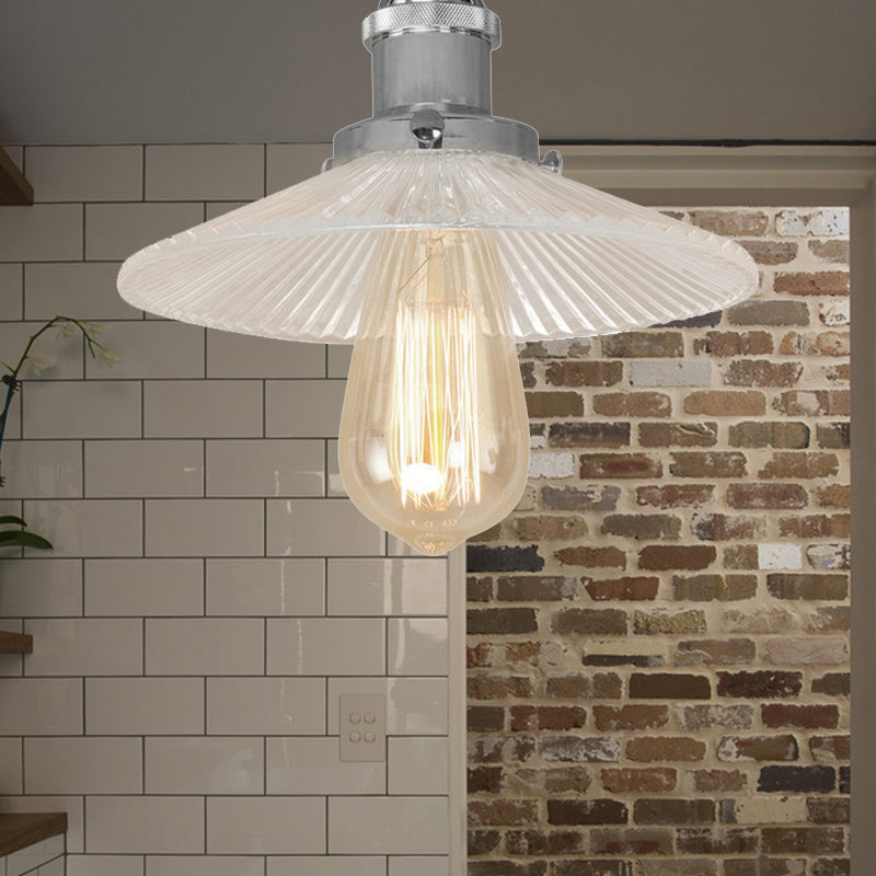 Cone Ribbed Glass Semi Mount Lighting Industrial 1 Bulb Living Room Ceiling Light in Black/Brass/Copper Chrome Clearhalo 'Ceiling Lights' 'Close To Ceiling Lights' 'Close to ceiling' 'Flush mount' 'Industrial Flush Mount' Lighting' 209877