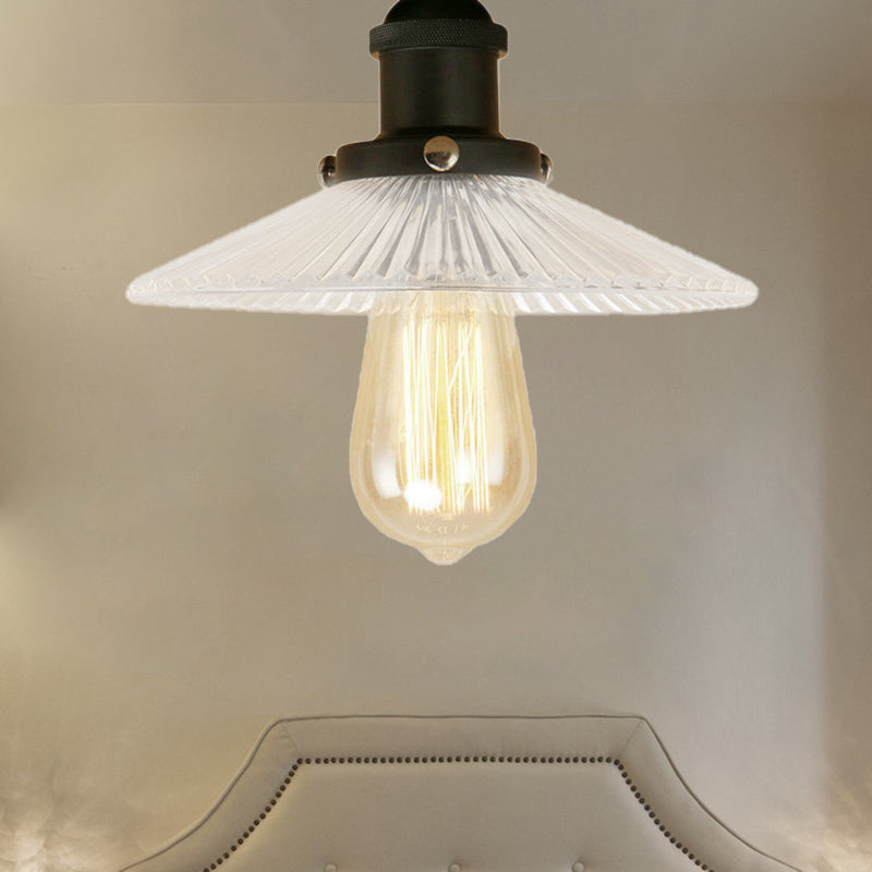 Cone Ribbed Glass Semi Mount Lighting Industrial 1 Bulb Living Room Ceiling Light in Black/Brass/Copper Black Clearhalo 'Ceiling Lights' 'Close To Ceiling Lights' 'Close to ceiling' 'Flush mount' 'Industrial Flush Mount' Lighting' 209881