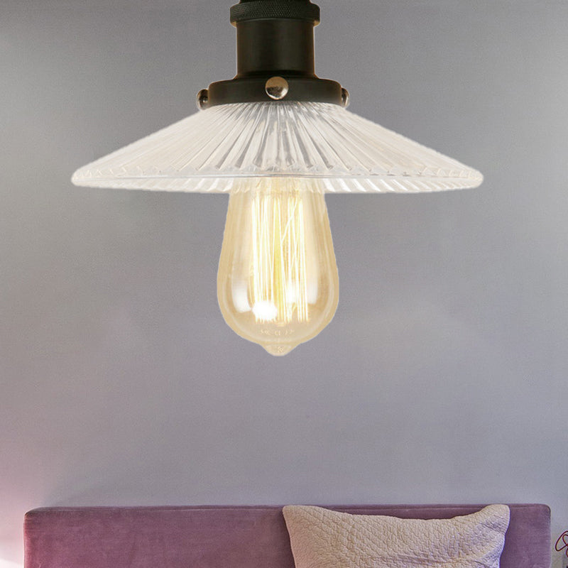 Cone Ribbed Glass Semi Mount Lighting Industrial 1 Bulb Living Room Ceiling Light in Black/Brass/Copper Clearhalo 'Ceiling Lights' 'Close To Ceiling Lights' 'Close to ceiling' 'Flush mount' 'Industrial Flush Mount' Lighting' 209882