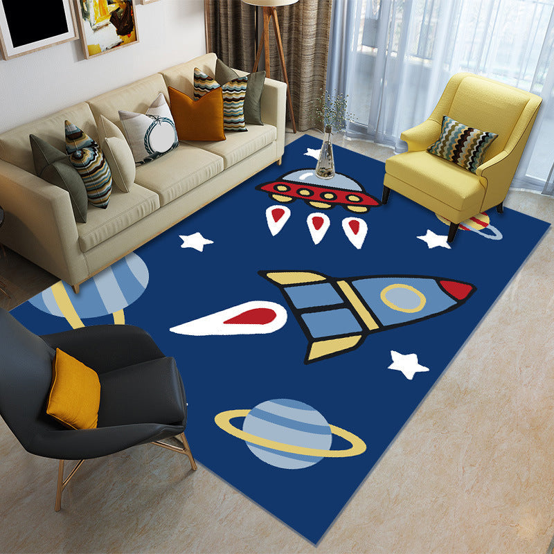 Cartoon Boys Bedroom Rug Multi-Colored Spacecraft Pattern Rug Polyester Stain Resistant Anti-Slip Backing Pet Friendly Rug Dark Blue Clearhalo 'Area Rug' 'Rug' 2106378