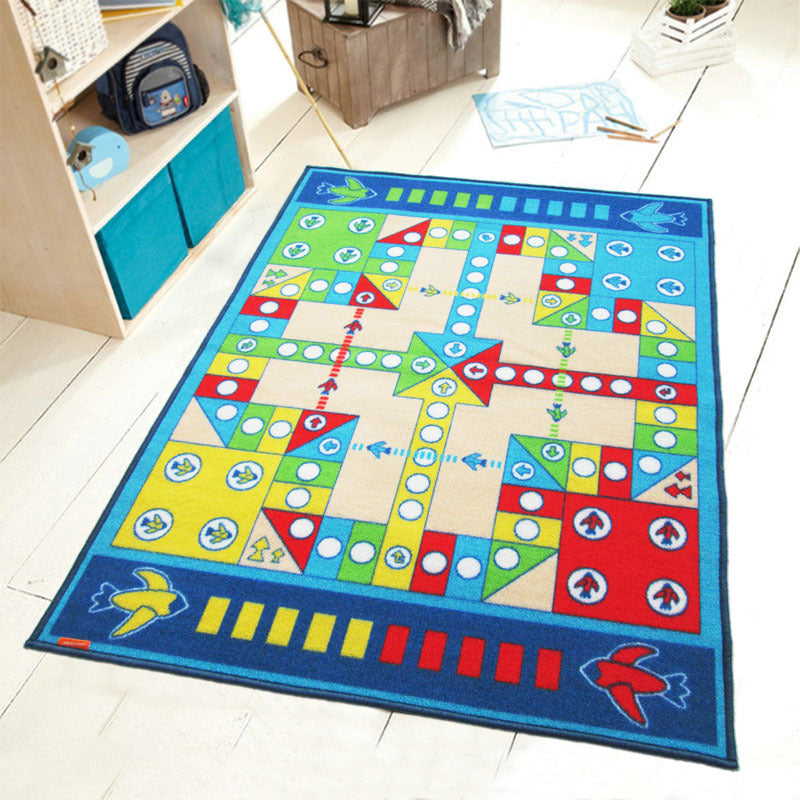 Playable Kids Rug Blue Aeroplane Chess Game Rug Non-Slip Backing Pet Friendly Stain Resistant Carpet for Kindergarten Blue 3'3" x 4'3" Clearhalo 'Area Rug' 'Rug' 2106524