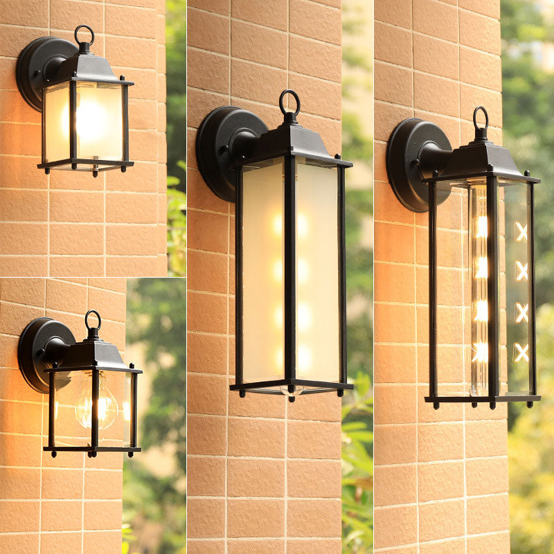 Glass Rectangle Shade Wall Sconce Rustic 1 Bulb Courtyard Wall Light Fixture in Black Clearhalo 'Wall Lamps & Sconces' 'Wall Lights' Lighting' 2107905