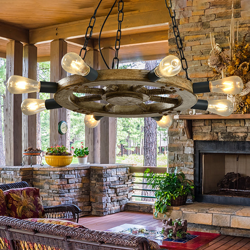 Wheel Shaped Dining Room Ceiling Chandelier Industrial Wood 8-Light Black Hanging Fixture with Chain Clearhalo 'Carpenter Chandeliers' 'Ceiling Lights' 'Chandeliers' 'Industrial Chandeliers' 'Industrial' 'Middle Century Chandeliers' 'Modern' 'Tiffany' Lighting' 210817