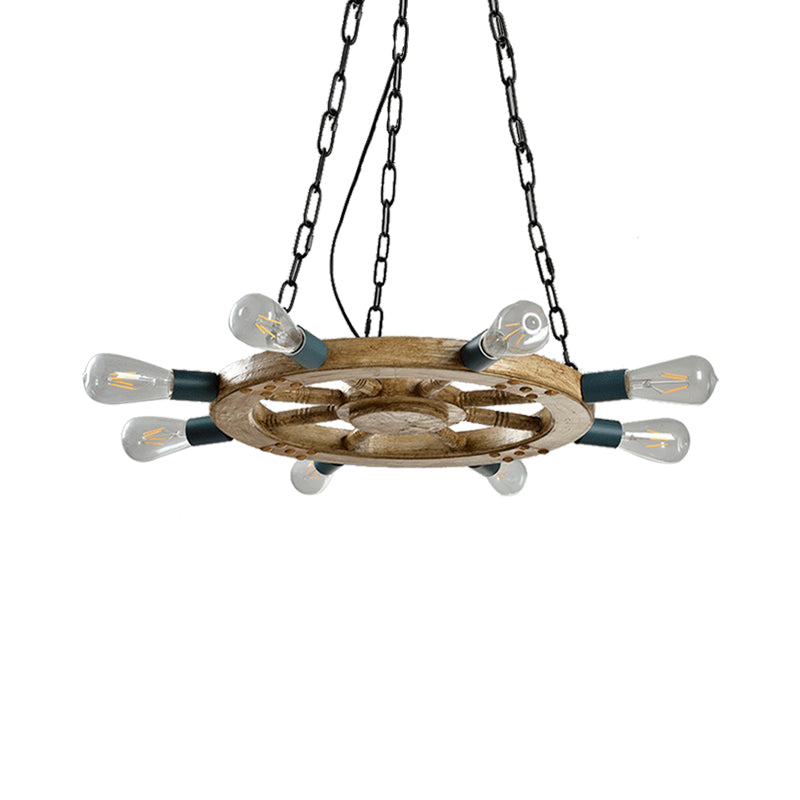 Wheel Shaped Dining Room Ceiling Chandelier Industrial Wood 8-Light Black Hanging Fixture with Chain Clearhalo 'Carpenter Chandeliers' 'Ceiling Lights' 'Chandeliers' 'Industrial Chandeliers' 'Industrial' 'Middle Century Chandeliers' 'Modern' 'Tiffany' Lighting' 210818
