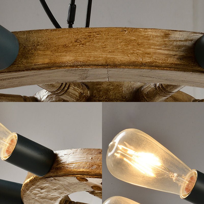 Wheel Shaped Dining Room Ceiling Chandelier Industrial Wood 8-Light Black Hanging Fixture with Chain Clearhalo 'Carpenter Chandeliers' 'Ceiling Lights' 'Chandeliers' 'Industrial Chandeliers' 'Industrial' 'Middle Century Chandeliers' 'Modern' 'Tiffany' Lighting' 210820